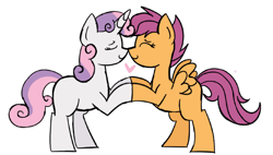 Size: 1024x580 | Tagged: safe, artist:scoot11, imported from derpibooru, scootaloo, sweetie belle, pony, boop, cute, eyes closed, female, filly, heart, holding hooves, lesbian, noseboop, rearing, scootabelle, shipping, simple background, smiling