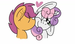 Size: 1024x600 | Tagged: safe, artist:colorfulwonders, imported from derpibooru, scootaloo, sweetie belle, pegasus, pony, unicorn, cheek kiss, cute, eyes closed, female, filly, heart, kiss on the cheek, kissing, lesbian, one eye closed, scootabelle, shipping, simple background, smiling, wink