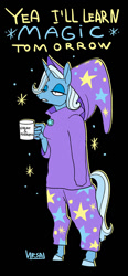 Size: 555x1200 | Tagged: safe, artist:ursa, imported from derpibooru, trixie, anthro, unguligrade anthro, unicorn, clothes, coffee mug, female, hat, mug, pajamas, procrastination, solo, trixie's hat