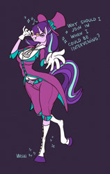 Size: 759x1200 | Tagged: safe, artist:ursa, imported from derpibooru, snowfall frost, starlight glimmer, anthro, unguligrade anthro, unicorn, bad anatomy, clothes, female, glasses, hat, solo, spats, top hat