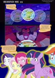Size: 5784x8176 | Tagged: safe, artist:jeremy3, imported from derpibooru, fluttershy, lord tirek, pinkie pie, rainbow dash, rarity, twilight sparkle, twilight sparkle (alicorn), alicorn, centaur, earth pony, pegasus, pony, unicorn, comic:behind me, absurd resolution, alternate universe, comic, eyepatch, multiverse, planet, scar