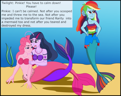 Size: 2837x2247 | Tagged: safe, artist:physicrodrigo, edit, editor:rmzero, imported from derpibooru, part of a set, pinkie pie, rainbow dash, twilight sparkle, angler fish, mermaid, series:equestria mermaids, equestria girls, belly button, clothes, cloud, curse, cursed, cutie mark, dialogue, dress, gills, jewelry, mermaidized, midriff, necklace, ocean, part of a series, pearl, pearl necklace, scales, seashell bra, shell, shell bra, species swap, text