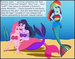 Size: 2837x2247 | Tagged: safe, artist:physicrodrigo, edit, editor:rmzero, imported from derpibooru, part of a set, pinkie pie, rainbow dash, twilight sparkle, angler fish, mermaid, series:equestria mermaids, equestria girls, belly button, clothes, cloud, curse, cursed, cutie mark, dialogue, dress, gills, jewelry, mermaidized, midriff, necklace, ocean, part of a series, pearl, pearl necklace, scales, seashell bra, shell, shell bra, species swap, text