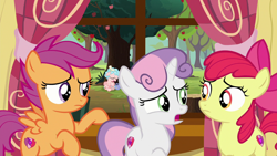 Size: 1280x720 | Tagged: safe, imported from derpibooru, screencap, apple bloom, cozy glow, scootaloo, sweetie belle, pegasus, pony, unicorn, marks for effort, apple tree, clubhouse, crusaders clubhouse, crying, cutie mark crusaders, female, filly, pure concentrated unfiltered evil of the utmost potency, pure unfiltered evil, tree, tree stump, window