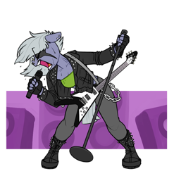 Size: 1240x1257 | Tagged: safe, artist:siden, imported from derpibooru, limestone pie, oc, oc:decibelle, anthro, earth pony, plantigrade anthro, abstract background, alternate universe, boots, clothes, ear piercing, electric guitar, face paint, female, fingerless gloves, flying v, gloves, guitar, heavy metal, jacket, leather jacket, microphone, microphone stand, musical instrument, nose piercing, piercing, punk, punk rock, rock, rock (music), shoes, solo, tube top, ultimare universe