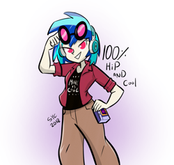 Size: 1131x1074 | Tagged: safe, artist:christheblue, imported from derpibooru, dj pon-3, vinyl scratch, human, equestria girls, cargo pants, clothes, female, flannel shirt, glasses, headphones, hipster, humanized, pants, solo, soundwave, transformers