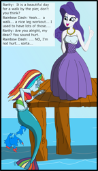 Size: 2011x3486 | Tagged: safe, artist:physicrodrigo, edit, editor:rmzero, imported from derpibooru, part of a set, rainbow dash, rarity, mermaid, series:equestria mermaids, equestria girls, clothes, curse, cursed, day, dialogue, dress, jewelry, mermaidized, midriff, necklace, ocean, part of a series, pearl, pearl necklace, species swap, text