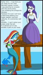 Size: 2011x3486 | Tagged: safe, artist:physicrodrigo, edit, editor:rmzero, imported from derpibooru, part of a set, rainbow dash, rarity, mermaid, series:equestria mermaids, equestria girls, clothes, curse, cursed, day, dialogue, dress, jewelry, mermaidized, midriff, necklace, ocean, part of a series, pearl, pearl necklace, species swap, text