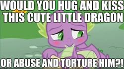 Size: 1024x576 | Tagged: safe, edit, edited screencap, editor:useraccount, imported from derpibooru, screencap, spike, dragon, father knows beast, abuse, blushing, cute, image macro, meme, question, spikabetes, spikeabuse, winged spike, wings