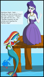 Size: 2011x3486 | Tagged: safe, artist:physicrodrigo, edit, editor:rmzero, imported from derpibooru, part of a set, rainbow dash, rarity, mermaid, series:equestria mermaids, equestria girls, clothes, curse, cursed, day, dialogue, dress, jewelry, mermaidized, midriff, necklace, ocean, part of a series, pearl, pearl necklace, species swap, text