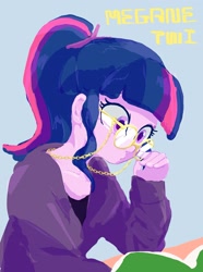 Size: 1526x2048 | Tagged: safe, artist:noupu, imported from derpibooru, sci-twi, twilight sparkle, equestria girls, book, clothes, female, glasses, solo