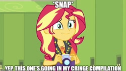 Size: 800x450 | Tagged: safe, imported from derpibooru, sunset shimmer, equestria girls, equestria girls series, forgotten friendship, camera, cringe compilation, geode of empathy, image macro, impact font, meme, reaction image, shrek