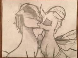 Size: 4032x3024 | Tagged: safe, artist:drawer450, imported from derpibooru, ocellus, sandbar, changedling, changeling, earth pony, pony, couple, duo, eyes closed, female, kissing, making out, male, ocelbar, romantic, shipping, straight, traditional art