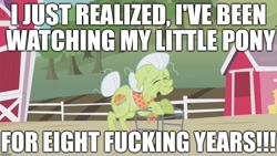 Size: 1280x720 | Tagged: safe, edit, edited screencap, editor:useraccount, imported from derpibooru, screencap, granny smith, caption, eight fucking years, elderly, image macro, meme, old, reaction image, vulgar