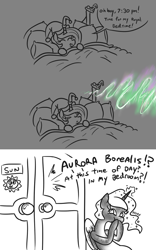 Size: 739x1185 | Tagged: safe, artist:jargon scott, imported from derpibooru, princess celestia, princess luna, alicorn, pony, aurora borealis, bed, bedroom, celestia is not amused, comic, dialogue, duo, female, hat, laughing, mare, meme, nightcap, pfft, prank, raspberry, raspberry noise, royal sisters, sibling rivalry, simpsons did it, sleeping, speech bubble, steamed hams, the simpsons, tongue out, trolluna, unamused