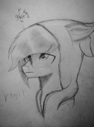 Size: 759x1024 | Tagged: safe, artist:xxfrostflashxx, imported from derpibooru, oc, oc:vigil, clothes, hoodie, looking up, male, sad, scar, stallion, traditional art