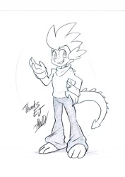 Size: 1024x1447 | Tagged: safe, artist:andrewdickman, imported from derpibooru, spike, anthro, clothes, grayscale, male, monochrome, signature, sketch, solo