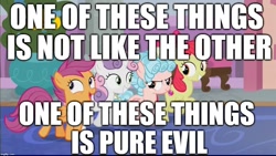 Size: 1024x576 | Tagged: safe, edit, edited screencap, editor:useraccount, imported from derpibooru, screencap, apple bloom, cozy glow, scootaloo, sweetie belle, pony, school raze, cutie mark crusaders, evil, evil grin, female, filly, foal, grin, group, image macro, meme, one of these things is not like the others, pure concentrated unfiltered evil of the utmost potency, pure unfiltered evil, quartet, sesame street, smiling