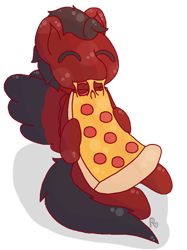 Size: 800x1067 | Tagged: safe, artist:pasteldraws, artist:pastelrose25, deleted from derpibooru, imported from derpibooru, oc, demon, demon pony, blushing, cheese, commission, cute, eating, food, happy, meat, pepperoni, pepperoni pizza, pizza, simple background, solo, transparent background