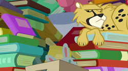 Size: 1280x719 | Tagged: safe, imported from derpibooru, screencap, dotty, cat, cheetah, the perfect pear, animal, book, no pony, one eye closed, prone, solo