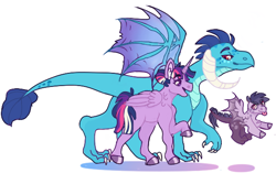 Size: 600x400 | Tagged: safe, artist:meepxmorp, imported from derpibooru, princess ember, twilight sparkle, oc, oc:scarlett, alicorn, dracony, dragon, hybrid, pony, alternate hairstyle, dragon lord ember, emberlight, female, lesbian, magical lesbian spawn, mare, offspring, parent:princess ember, parent:twilight sparkle, parents:emberlight, rainbow power, shipping, simple background, smiling, spread wings, story included, tongue out, trio, twilight sparkle (alicorn), walking, white background, wings