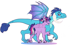 Size: 600x400 | Tagged: safe, alternate version, artist:meepxmorp, imported from derpibooru, princess ember, twilight sparkle, alicorn, dragon, pony, alternate hairstyle, emberlight, female, lesbian, mare, rainbow power, shipping, simple background, smiling, spread wings, twilight sparkle (alicorn), walking, white background, wings