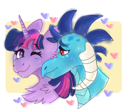 Size: 700x600 | Tagged: safe, artist:meepxmorp, imported from derpibooru, princess ember, twilight sparkle, alicorn, dragon, pony, abstract background, blushing, bust, chest fluff, emberlight, female, heart, lesbian, looking at each other, mare, nuzzling, one eye closed, shipping, smiling, twilight sparkle (alicorn)