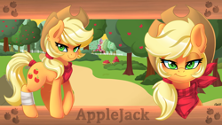 Size: 3840x2160 | Tagged: safe, alternate version, artist:ciderpunk, derpibooru exclusive, imported from derpibooru, applejack, pony, apple orchard, apple tree, bandage, bandana, bust, female, smiling, smirk, solo, sweet apple acres, tree, wallpaper