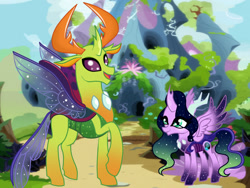 Size: 1024x768 | Tagged: safe, artist:owocrystalcatowo, imported from derpibooru, thorax, oc, oc:aurora heart, changedling, changeling, changepony, female, king thorax, parent:oc:crystal heart, parent:thorax