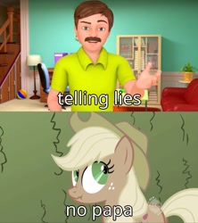 Size: 987x1110 | Tagged: safe, edit, edited screencap, imported from derpibooru, screencap, applejack, the return of harmony, all new, dank memes, hub logo, image macro, johnny johnny yes papa, liar face, liarjack, meme, scrunchy face, text, wat