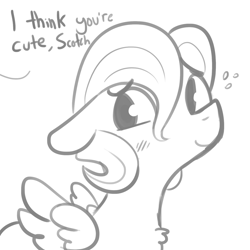 Size: 1280x1280 | Tagged: safe, artist:tjpones, imported from derpibooru, fluttershy, pegasus, pony, adorascotch, blushing, butterscotch, cute, dialogue, grayscale, male, monochrome, offscreen character, rule 63, rule63betes, shyabetes, simple background, smiling, solo, white background