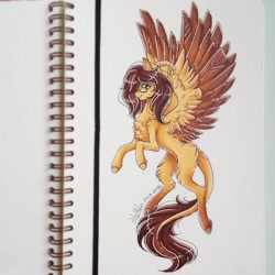 Size: 1024x1024 | Tagged: safe, artist:adakola, imported from derpibooru, oc, oc:paper moon, pegasus, pony, female, horns, mare, solo, traditional art, two toned wings