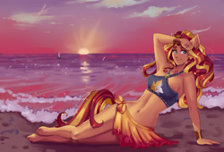 Size: 3000x2044 | Tagged: safe, artist:xjenn9, imported from derpibooru, sunset shimmer, human, equestria girls, equestria girls series, forgotten friendship, armpits, barefoot, beach, belly button, bracelet, clothes, eared humanization, feet, female, halter, halter top, halterneck, humanized, jewelry, lens flare, midriff, ponied up, pony ears, sarong, sitting, solo, sun, sunset, sunshine shimmer, swimsuit, tail, tailed humanization, tube top