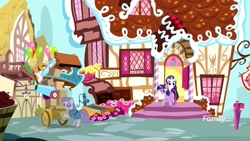 Size: 1920x1080 | Tagged: safe, imported from derpibooru, screencap, maud pie, rarity, twilight sparkle, alicorn, pony, yakity-sax, cart, party cannon, sugarcube corner, twilight sparkle (alicorn)