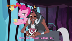 Size: 1920x1080 | Tagged: safe, imported from derpibooru, screencap, lord tirek, pinkie pie, centaur, earth pony, pony, school raze, bugs bunny, cage, cake, cup, duo, female, food, hat, male, mare, nickelodeon, nose piercing, nose ring, party hat, piercing, pinkie being pinkie, prehensile mane, princess pudding pie, septum piercing, subtitles, tea kettle, teacup