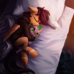 Size: 2000x2000 | Tagged: safe, artist:inowiseei, imported from derpibooru, lyra heartstrings, spike, oc, oc:ramiras, pegasus, pony, semi-anthro, bed, clothes, cuddling, cute, eyes closed, hood, male, pillow, plushie, sleeping, snuggling, stallion