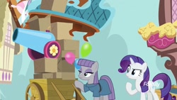 Size: 1920x1080 | Tagged: safe, imported from derpibooru, screencap, maud pie, rarity, pony, yakity-sax, balloon, box, cart, couch, party cannon