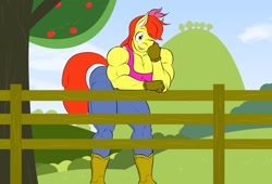 Size: 2610x1772 | Tagged: safe, artist:matchstickman, imported from derpibooru, apple bloom, anthro, plantigrade anthro, apple brawn, apple tree, biceps, boots, breasts, busty apple bloom, clothes, deltoids, female, fence, gloves, jeans, leaning forward, looking at you, matchstickman's apple brawn series, muscles, older, older apple bloom, one eye closed, pants, shoes, solo, sports bra, sweet apple acres, thunder thighs, tree, wink