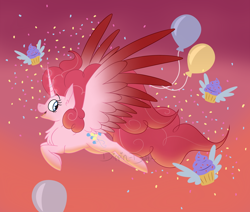 Size: 1280x1086 | Tagged: safe, artist:dippin-dott, idw, imported from derpibooru, pinkie pie, alicorn, pony, spoiler:comic57, alicornified, alternate cutie mark, balloon, colored wings, colored wingtips, cupcake, female, food, pinkiecorn, princess of chaos, race swap, red background, simple background, solo, xk-class end-of-the-world scenario