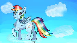 Size: 1920x1080 | Tagged: safe, artist:usattesa, imported from derpibooru, rainbow dash, pegasus, pony, cloud, digital art, female, mane six, raised hoof, sky, solo