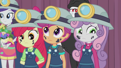 Size: 1280x720 | Tagged: safe, imported from derpibooru, screencap, apple bloom, bulk biceps, rarity, scootaloo, sweetie belle, equestria girls, equestria girls series, happily ever after party, adorabloom, bouquet, clothes, coal, costume, cute, cutealoo, cutie mark crusaders, diasweetes, female, helmet, miner, mining helmet, overalls, sad, sisters