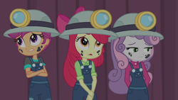 Size: 1280x720 | Tagged: safe, imported from derpibooru, screencap, apple bloom, scootaloo, sweetie belle, equestria girls, equestria girls series, happily ever after party, crossed arms, cutie mark crusaders, female, helmet, miner, mining helmet, sad, trio, trio female