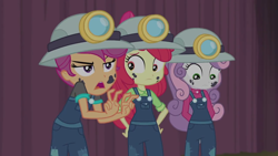 Size: 1280x720 | Tagged: safe, imported from derpibooru, screencap, apple bloom, scootaloo, sweetie belle, equestria girls, equestria girls series, happily ever after party, air quotes, cutie mark crusaders, female, helmet, miner, mining helmet, overalls, trio, trio female