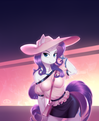 Size: 888x1086 | Tagged: safe, artist:ladychimaera, imported from derpibooru, rarity, anthro, unicorn, beautiful, blouse, clothes, female, hat, mare, miniskirt, shoulderless, side slit, skirt, smiling, solo, sun hat