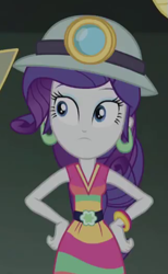 Size: 319x518 | Tagged: safe, imported from derpibooru, screencap, rarity, equestria girls, equestria girls series, happily ever after party, beautiful, clothes, costume, cropped, female, helmet, mining helmet, selfie soot, solo