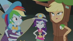 Size: 1280x720 | Tagged: safe, imported from derpibooru, screencap, applejack, rainbow dash, rarity, equestria girls, equestria girls series, happily ever after party, clothes, costume, fairy bootmother, female, helmet, mining helmet, selfie soot, tree costume, trio, trio female