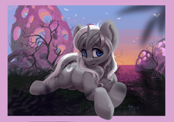 Size: 2383x1678 | Tagged: safe, artist:amishy, imported from derpibooru, oc, oc only, oc:frozen raine, pony, unicorn, commission, female, looking at you, mare, prone, scenery, smiling, solo, ych result