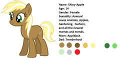 Size: 1155x538 | Tagged: safe, imported from derpibooru, oc, oc only, oc:shiny-apple, pony, 14, female, offspring, parent:applejack, parent:trenderhoof, parents:trenderjack, solo