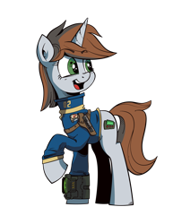 Size: 1950x2400 | Tagged: safe, artist:iiapiiiubbiu, imported from derpibooru, oc, oc only, oc:littlepip, pony, unicorn, fallout equestria, clothes, cutie mark, fanfic, fanfic art, female, gun, handgun, hooves, horn, jumpsuit, little macintosh, looking back, mare, open mouth, optical sight, pipbuck, raised hoof, revolver, scope, simple background, solo, teeth, transparent background, vault suit, weapon