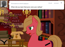 Size: 1105x800 | Tagged: safe, artist:garlicloaf, imported from derpibooru, oc, oc only, oc:pun, earth pony, pony, ask pun, ask, bookshelf, female, mare, phone, pun, solo, telephone